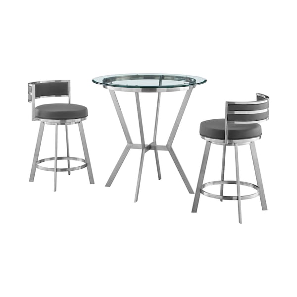 Armen Living Naomi and Roman 3-Piece Counter Height Dining Set in Brushed Stainless Steel and Gray Faux Leather SETNMRMGRBS3 - main